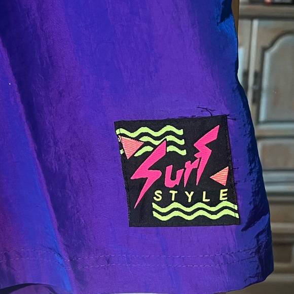 Surf Style Shorts Iridescent Purple Nylon Neon Logo 90s Size M NWT - Picture 2 of 12